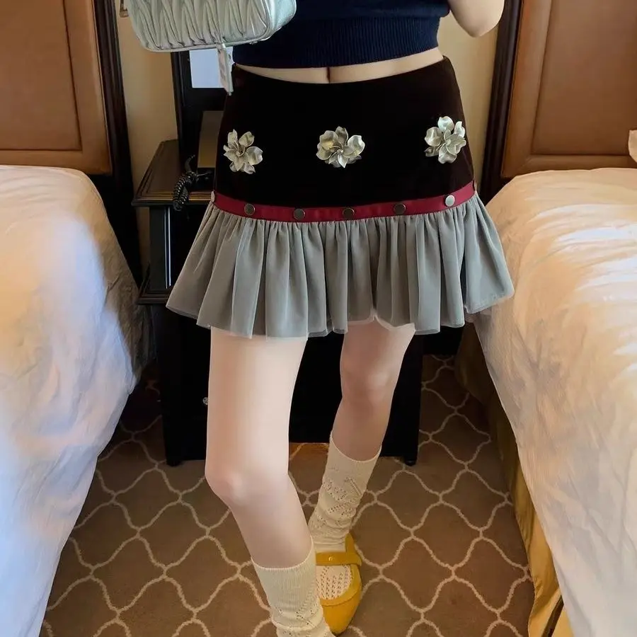 SALIENCY Velvet Patchwork Floral Pleated Mini Skirt Women  Autumn Winter