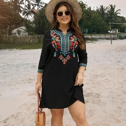 Eaeovni Boho Embroidered Dress for Women Tradition Mexican Peasant Dresses Bohemian Skirts Plus Size Hippie Casual Tunic