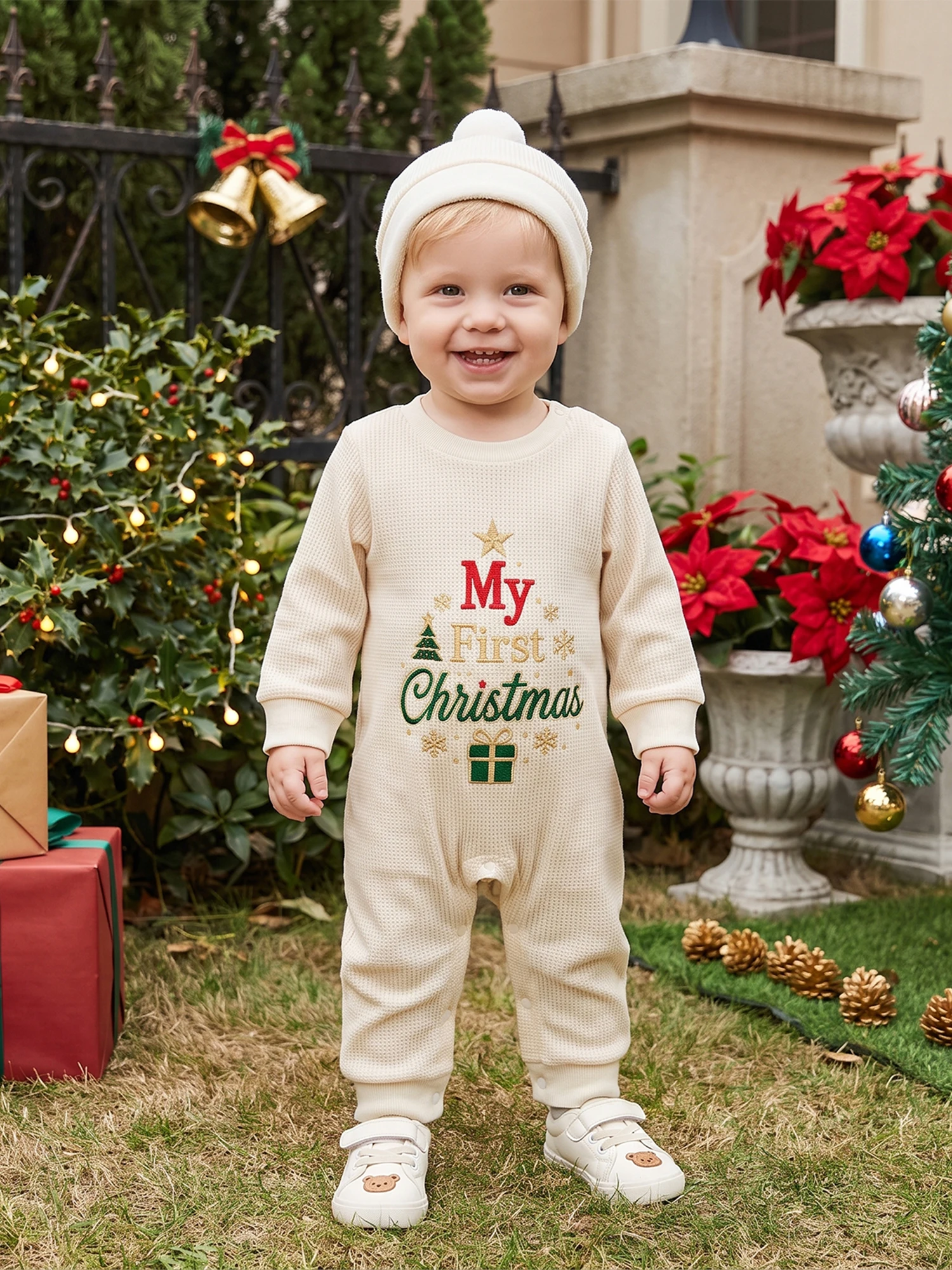 Letter-Embroidery First Christmas-Outfit Set Christmas Baby Outfit Letter Embroidery Sleeve Romper Baby First Christmas
