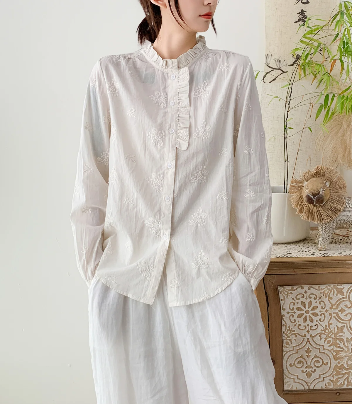 جديد 2025 الخريف قميص قطني بكم طويل ، المرأة الوقوف التطريز ، موري فتاة الفرنسية الكشكشة Fairycore INS بلوزة فضفاضة T58983CC #2