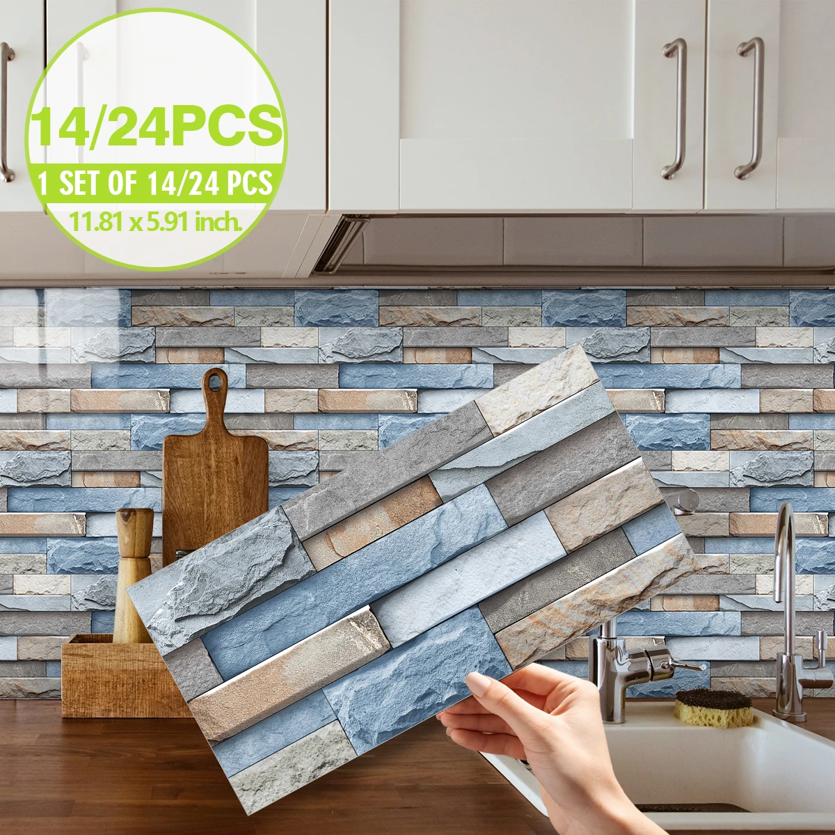 24PCS Blue Brown Vintage Tile Pattern 3D Effect Crystal Kitchen Stickers Waterproof Greaseproof Kitchen Stickers Thick Self-Adhe