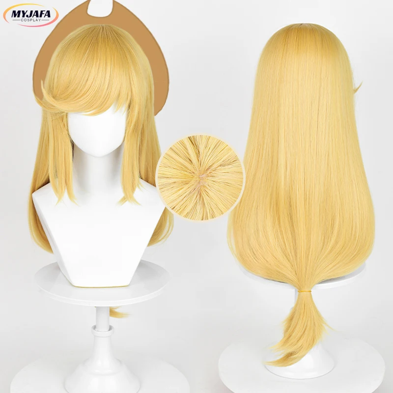 Applejack Cosplay Peruca com boné, couro cabeludo longo amarelo dourado, resistente ao calor, cabelo sintético, perucas de festa anime, alta qualidade