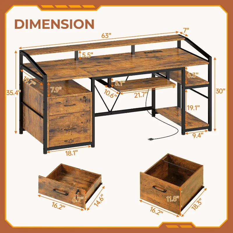 63” Computer Desk, Desk with Locking Drawers for Legal/Letter Files, Game Table with LED Lights and Power Outlet