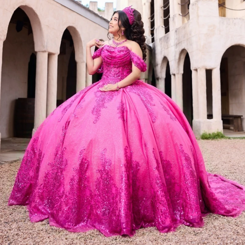 

Rose Red Shiny Quinceanera Dresses Ball Gown Off The Shoulder Sequin Applique Lace Beads Bow Tull Corset Party Birthday Sweet 16