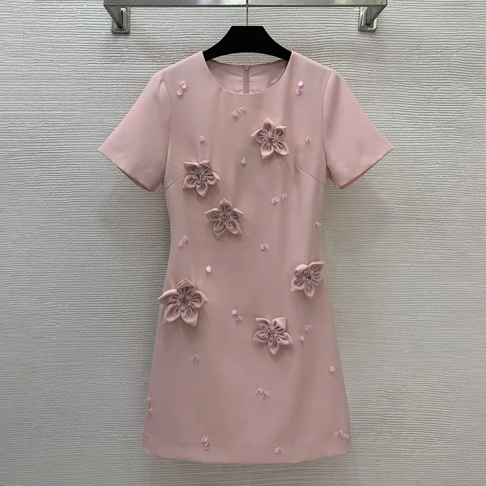 

High-quality 2026 summer elegant short-sleeved women's dress with round neckline and floral decoration xy26032723