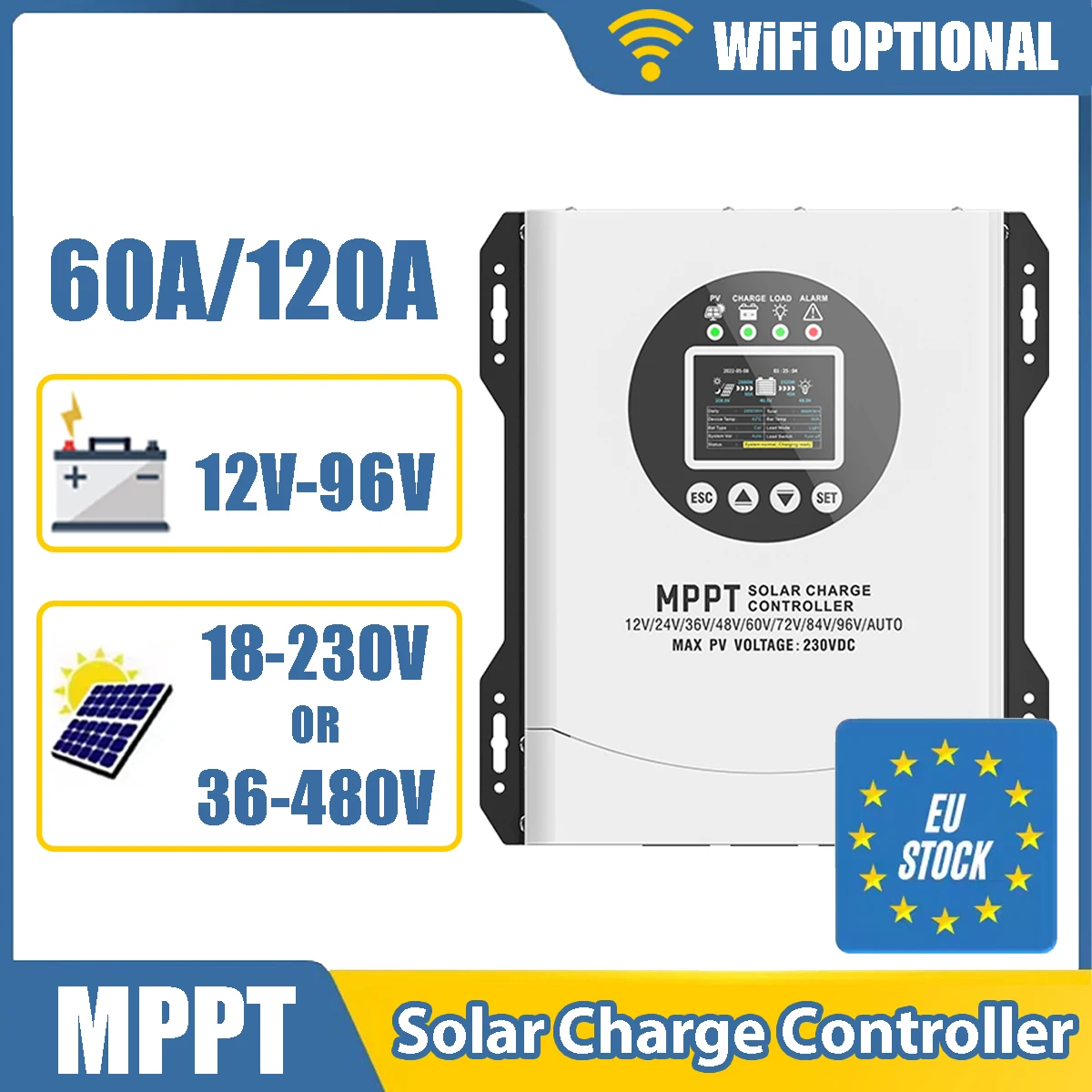 60A 120A MPPT Solar-Laderegler 24V-96V Batteriesystem Automatische Erkennung Max. PV-Panel-Eingang 230V 480V WLAN Optional