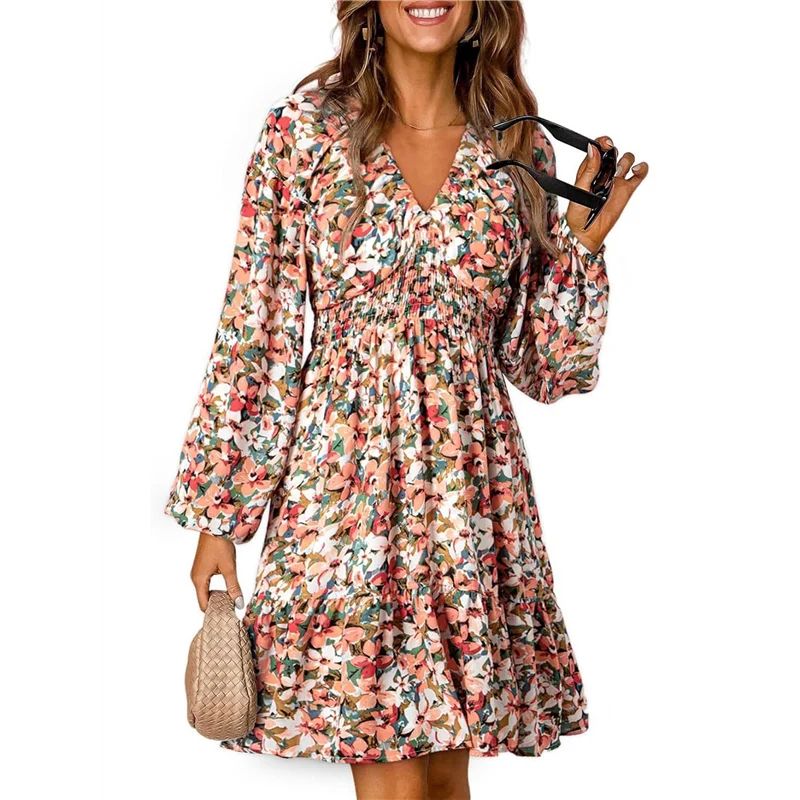 A83F-Donna Autunno Boho Floreale Scollo a V Manica lunga Smocked Elastico in vita Casual A-Line Mini abito prendisole