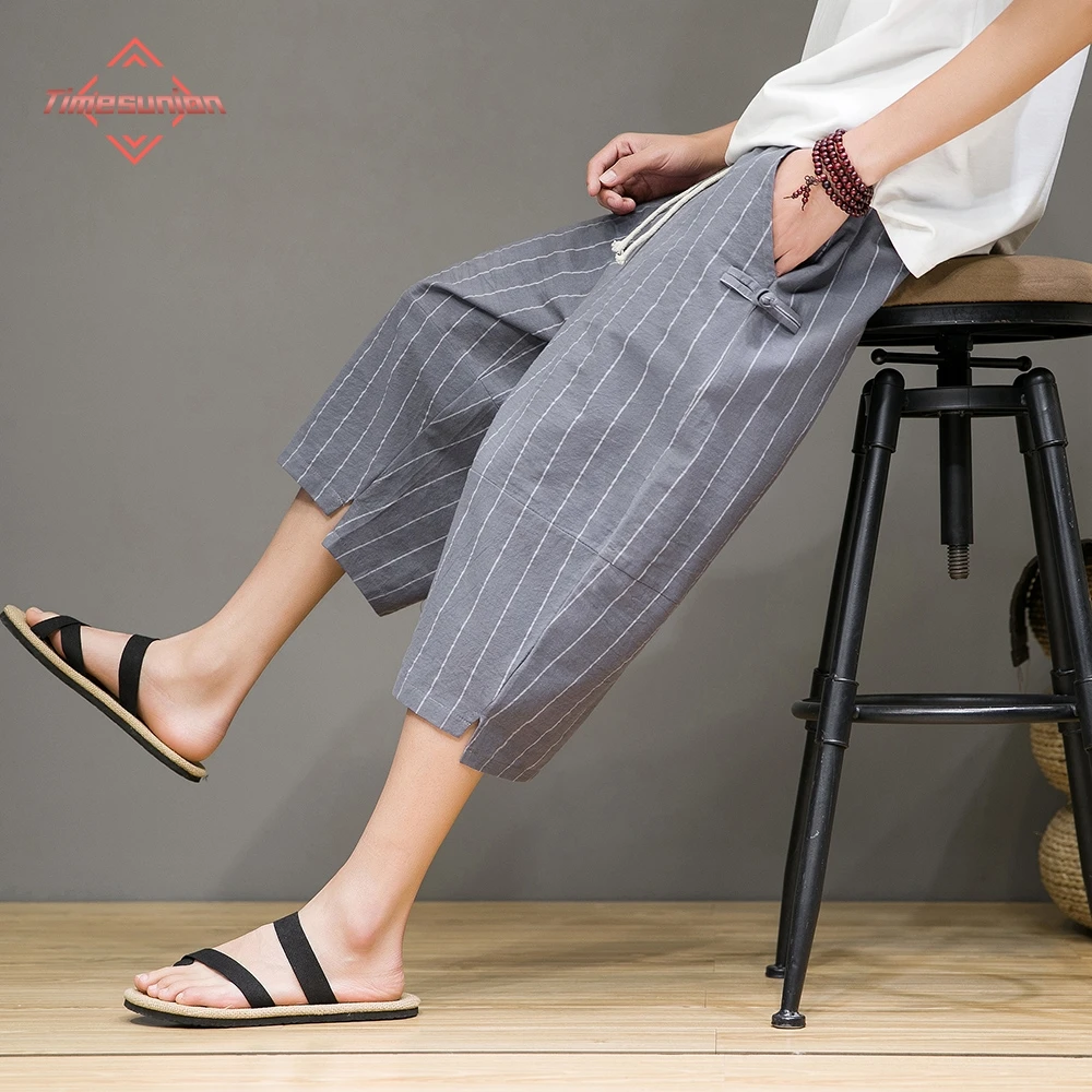 

Chinese Style Summer Cotton Linen Pants Men Calf-length Pants Drop Crotch Hip Hop Man Joggers Calf-Length Pants Track Pant