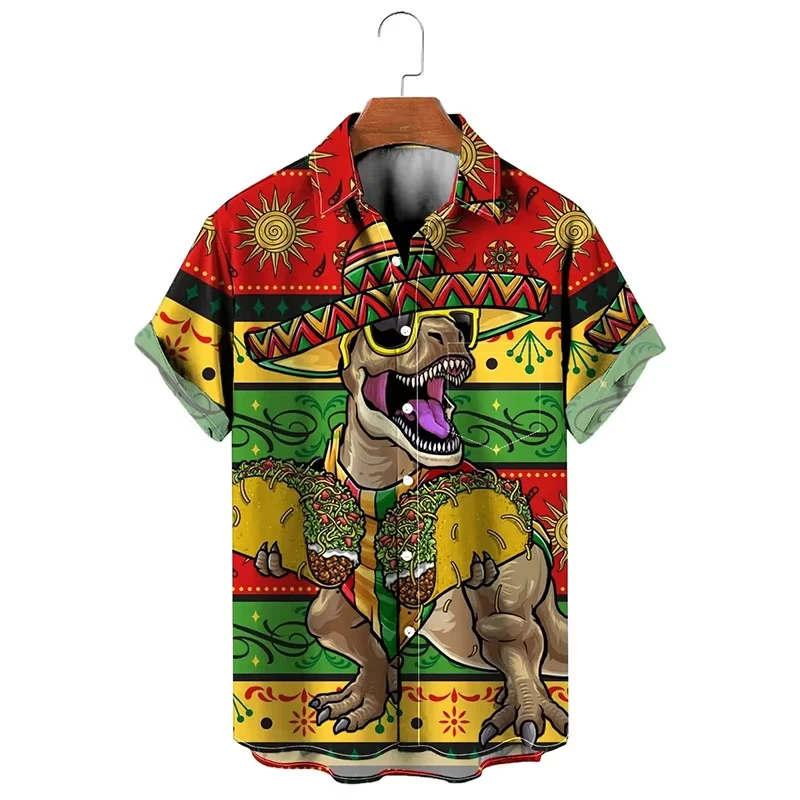 ​​2025 Unisex T-Rex Hawaiian Shirt Dinosaur Print Harajuku Short Sleeve Hip Hop Streetwear Summer Vacation​
