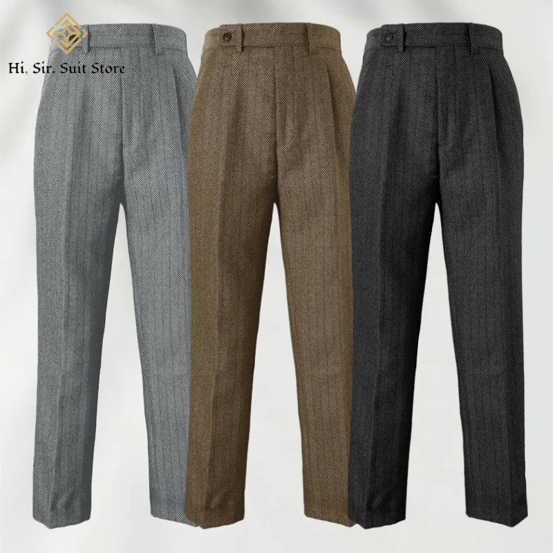 

New Herringbone Wool Trousers Men's Wool Suit Trousers Heavyweight Straight-Leg Business Dad Trousers Autumn/Winter Plus Size