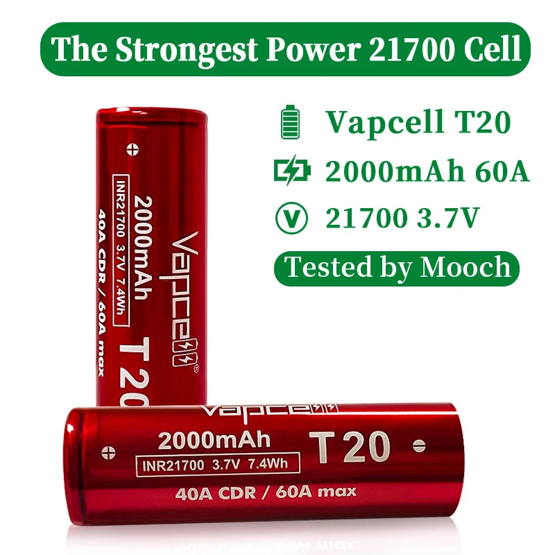 Bateria recarregável do íon de Li Vapcell, o poder o mais forte, 18650, 20S, INR21700, T20, 2000mAh, 40A, 60A, 21700 Cell, 1-10Pcs