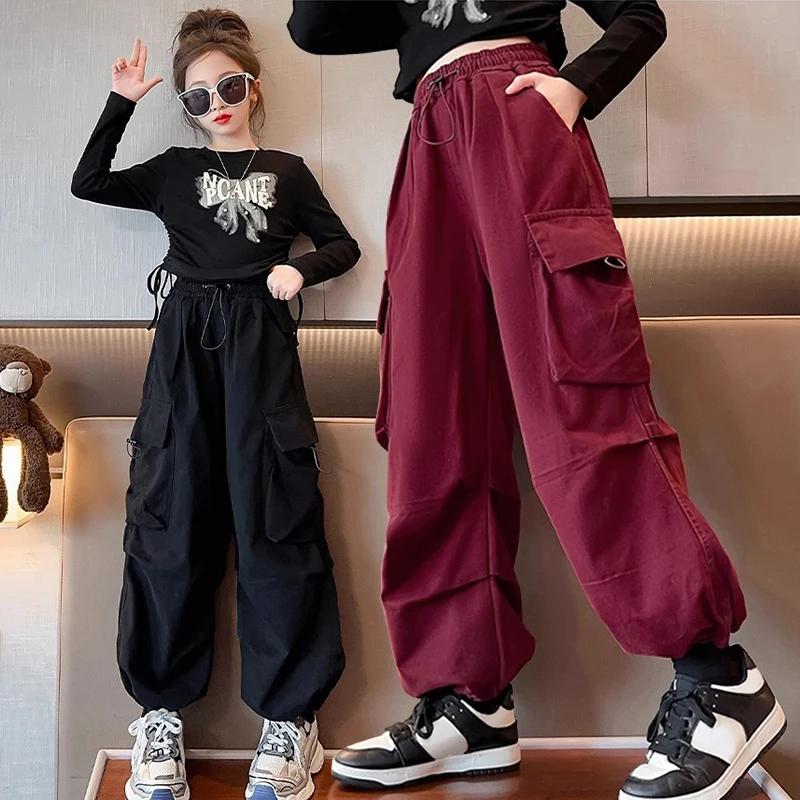 

Модные крутые брюки-карго для мальчиков и девочек, От 5 до 14 лет, детские весенне-осенние спортивные брюки для уличных танцев, повседневные брюки с несколькими карманами