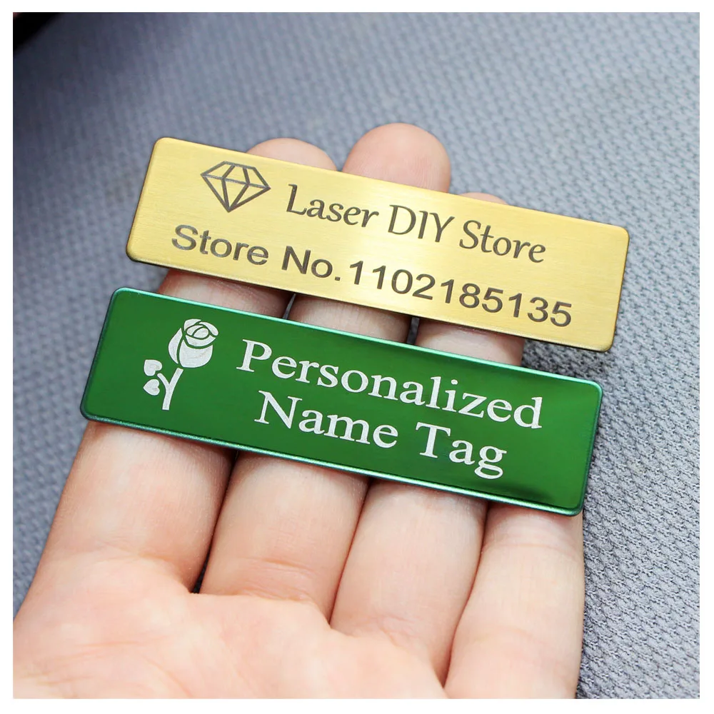 Broches personalizables de 70x20MM, Pin personalizado con grabado de su logotipo de texto, placa de identificación comercial, etiqueta de Metal de acero, insignias de nombre personalizadas