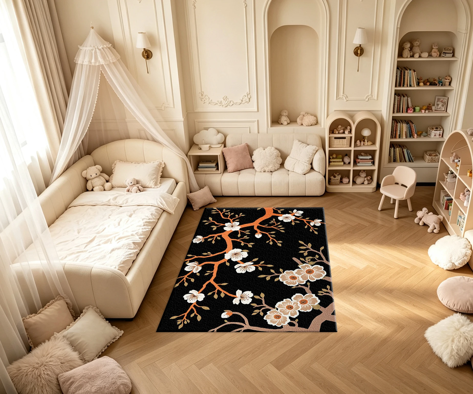 Vintage White Plum Blossom Orange Branch Black Background Carpet Flooring Oriental Floral Household Indoor Decor Floor Rug