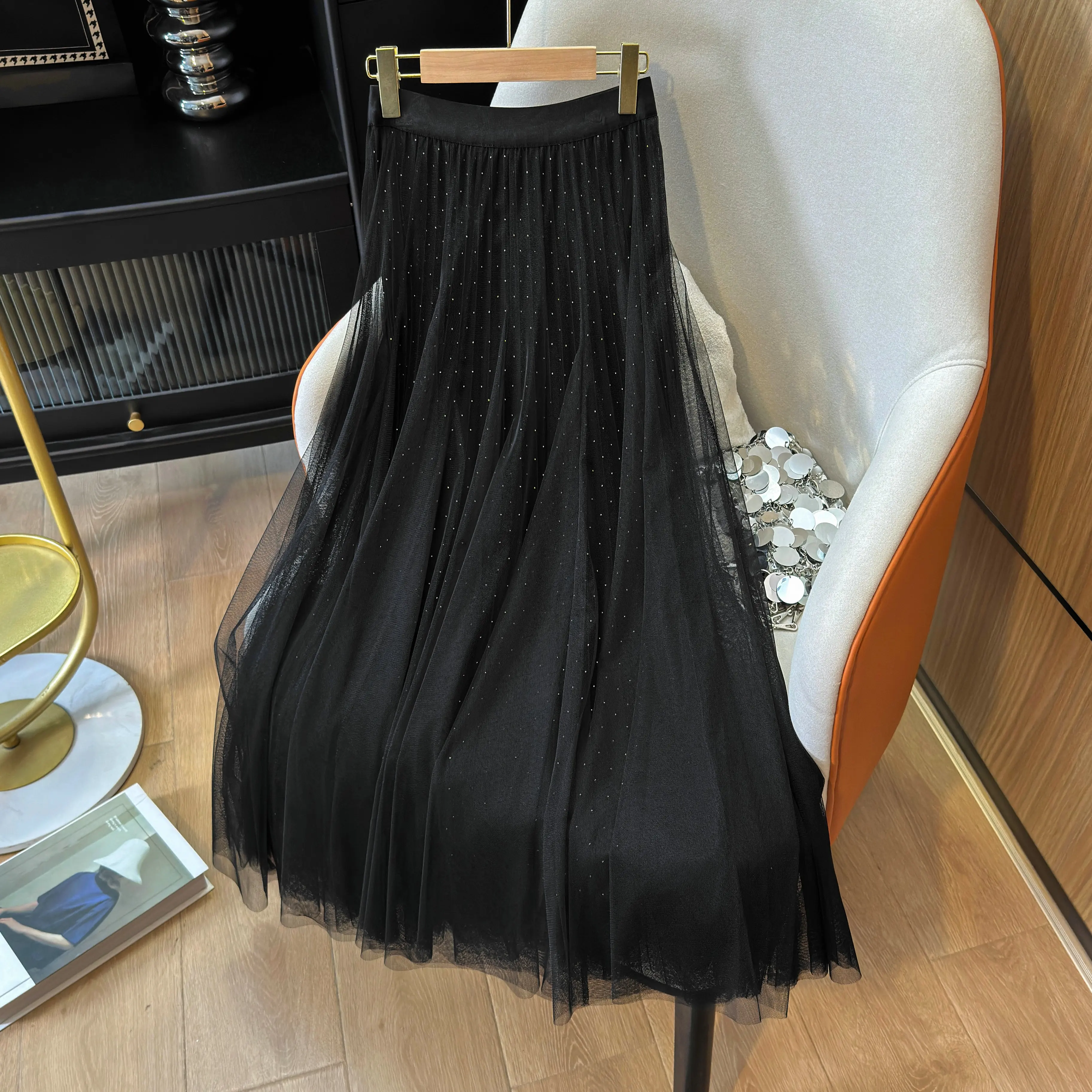 2025年夏新作　ホットダイヤモンドベルベットメッシュスプライシングスカート、ドレープハイウエストAラインプリーツミディアム丈ロングスカート