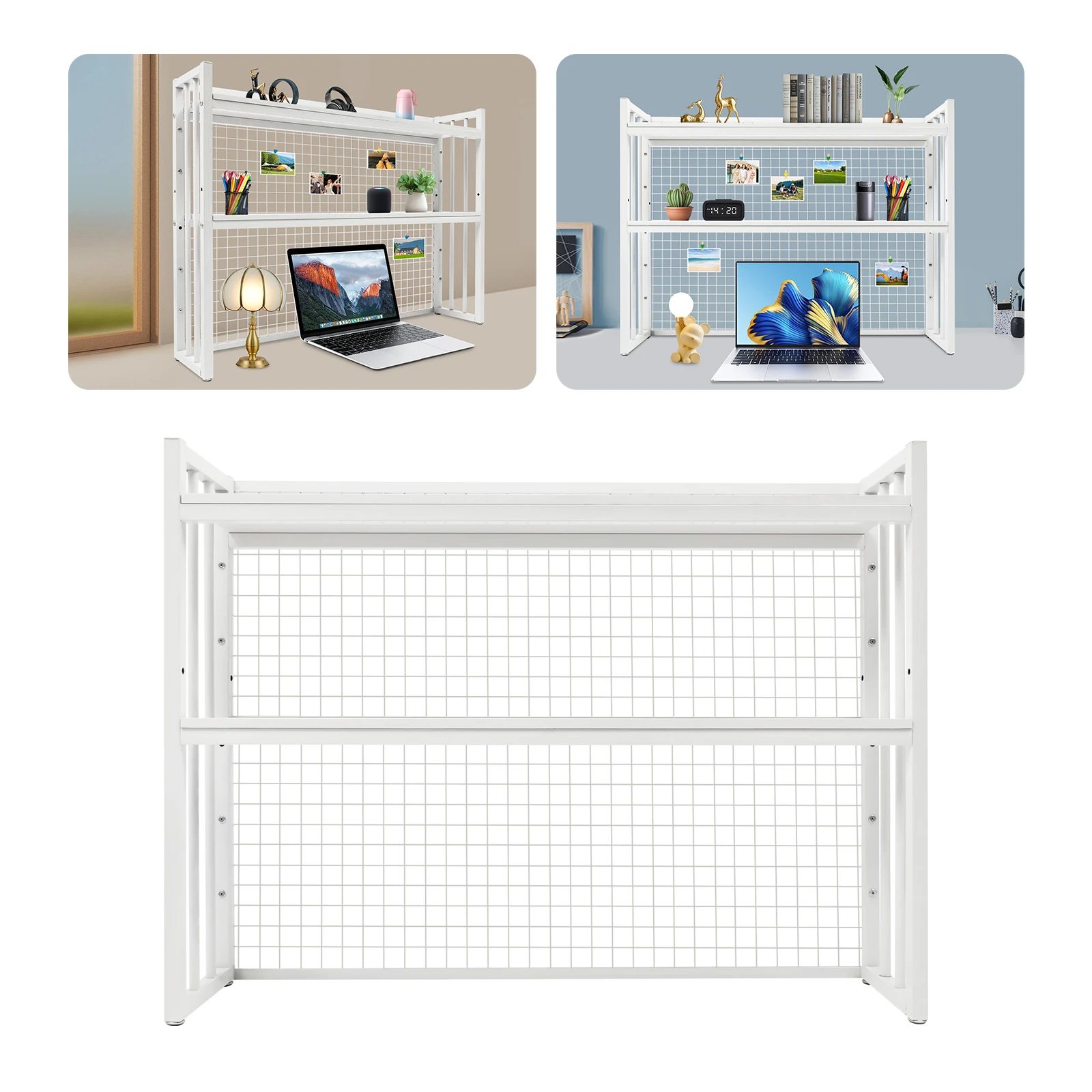 3 Tiers White Desk Bookshelf Organizer Rack, Rectangular Desktop Bookcase, Display Shelf Applicable Computer Monitor Size: MAX. 20inch Each Tier Load-capacity: 50kg/110.23lbs