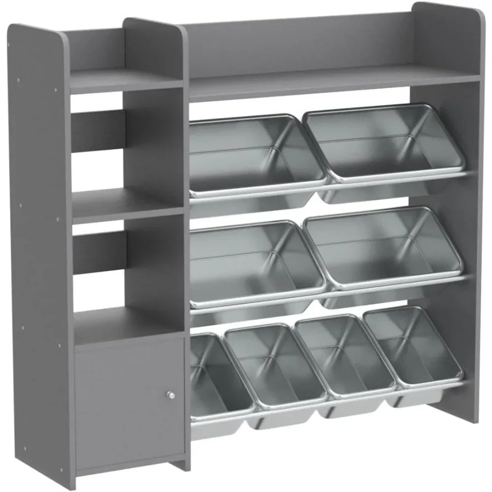منظم تخزين ألعاب الأطفال مع رف وصناديق رمادية - حل مثالي