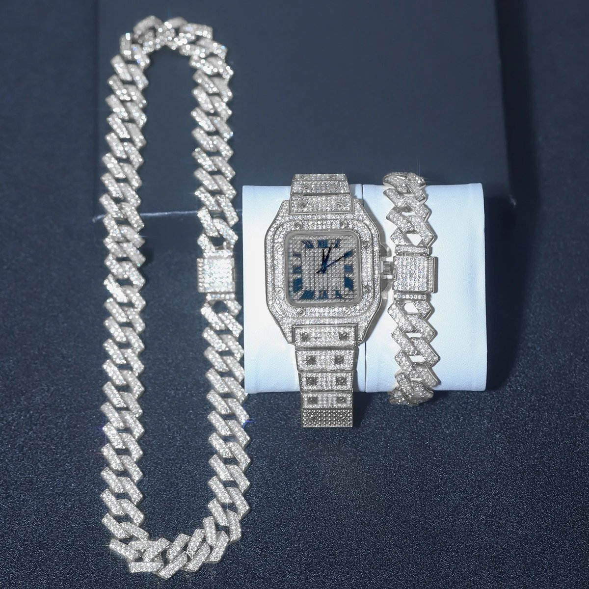 3pcs Men Stylish Gold/Silver Watch Set Iced Out Hip-hop Punk Square Watch+Cuban Chain+Bracelet Set Men Women Party Jewelry Gift