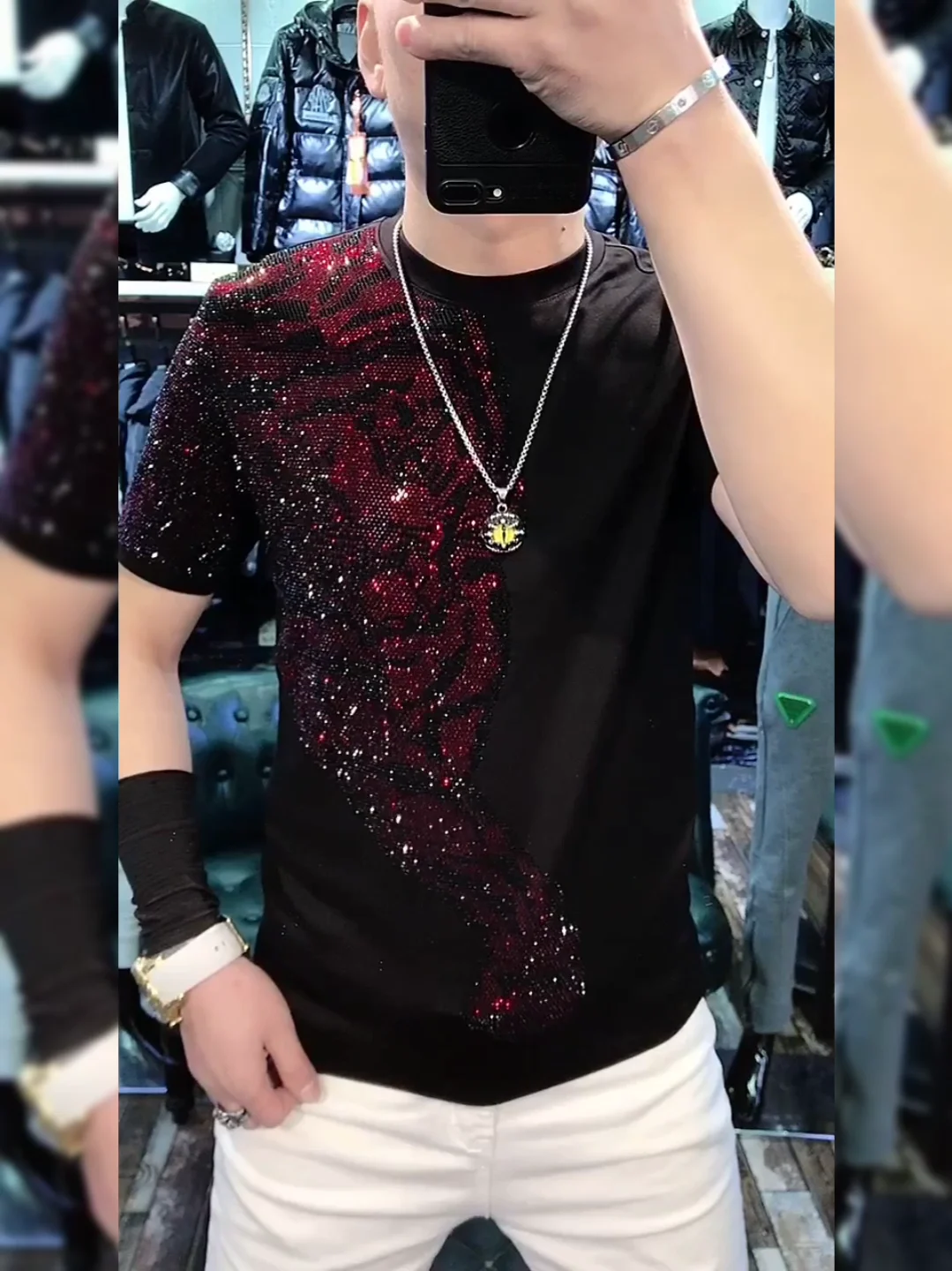 

Мужская летняя футболка Slim Fit с круглым вырезом, новая модель, с декором из страз, повседневная, универсальная, стильная