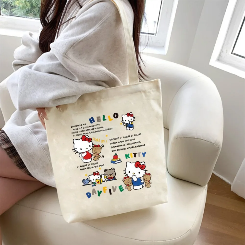 

Симпатичная холщовая сумка-тоут с изображением Hello Kitty, многоразовая сумка через плечо – идеальный подарок для девочек или женщин.