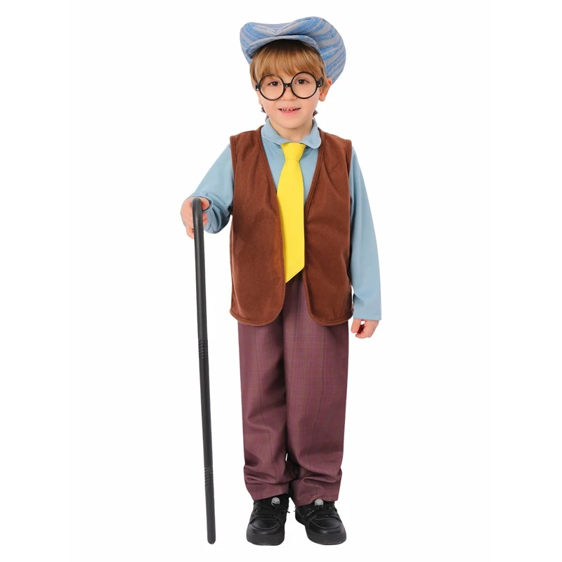 Old Man Costume for Kids Christmas Boys Grandpa Costumes Halloween Cosplay Costume Crutch Glasses Accessories Set