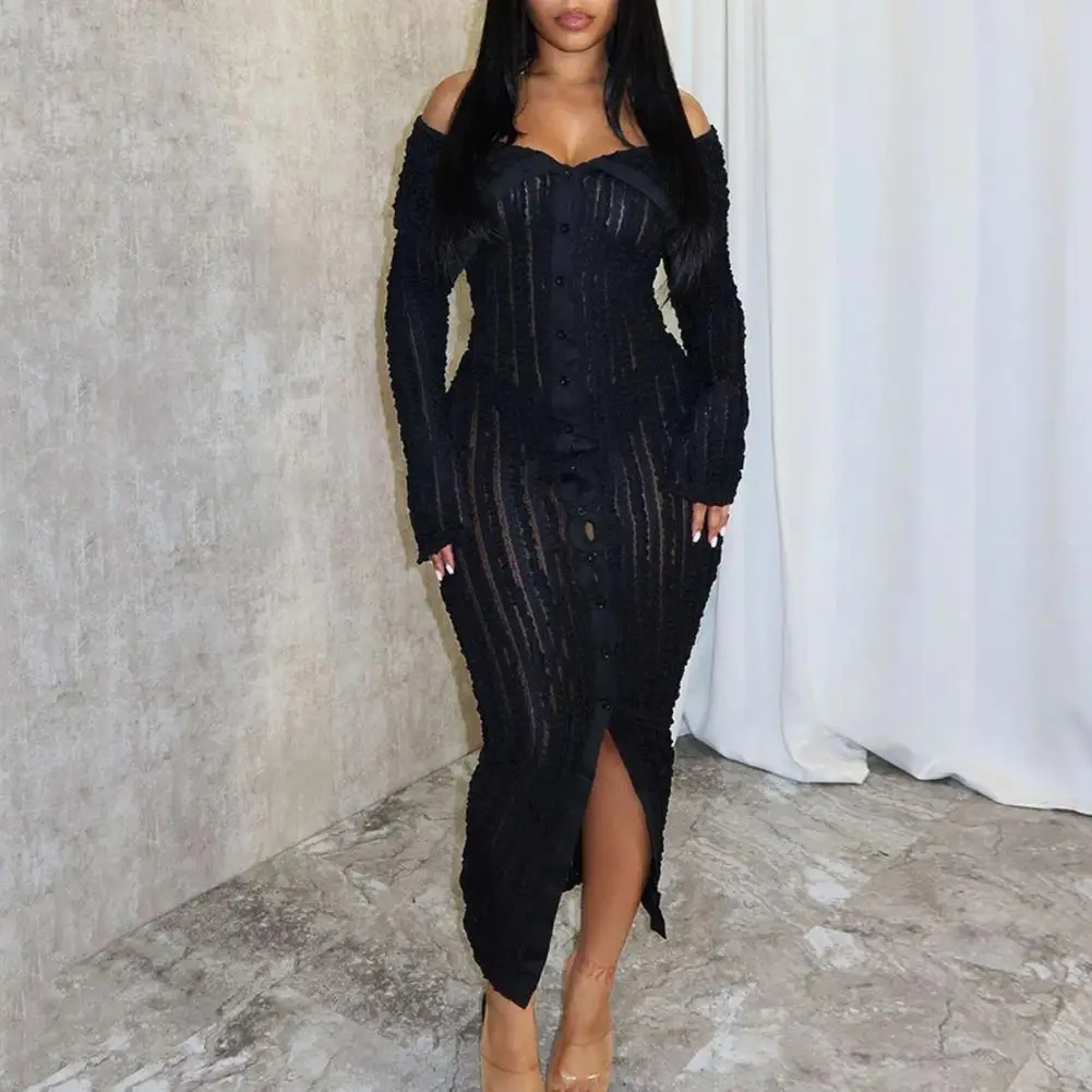 Women Dress Elegant Off Shoulder Maxi Dress with Split Hem Skinny Waist for Party Club Women's Long Sleeve See-through Water