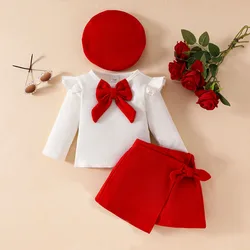 3pcs Autumn kids girls Clothes Long Sleeve Bow Tops Symmetrical Skirt with beret Toddler baby outfit Set