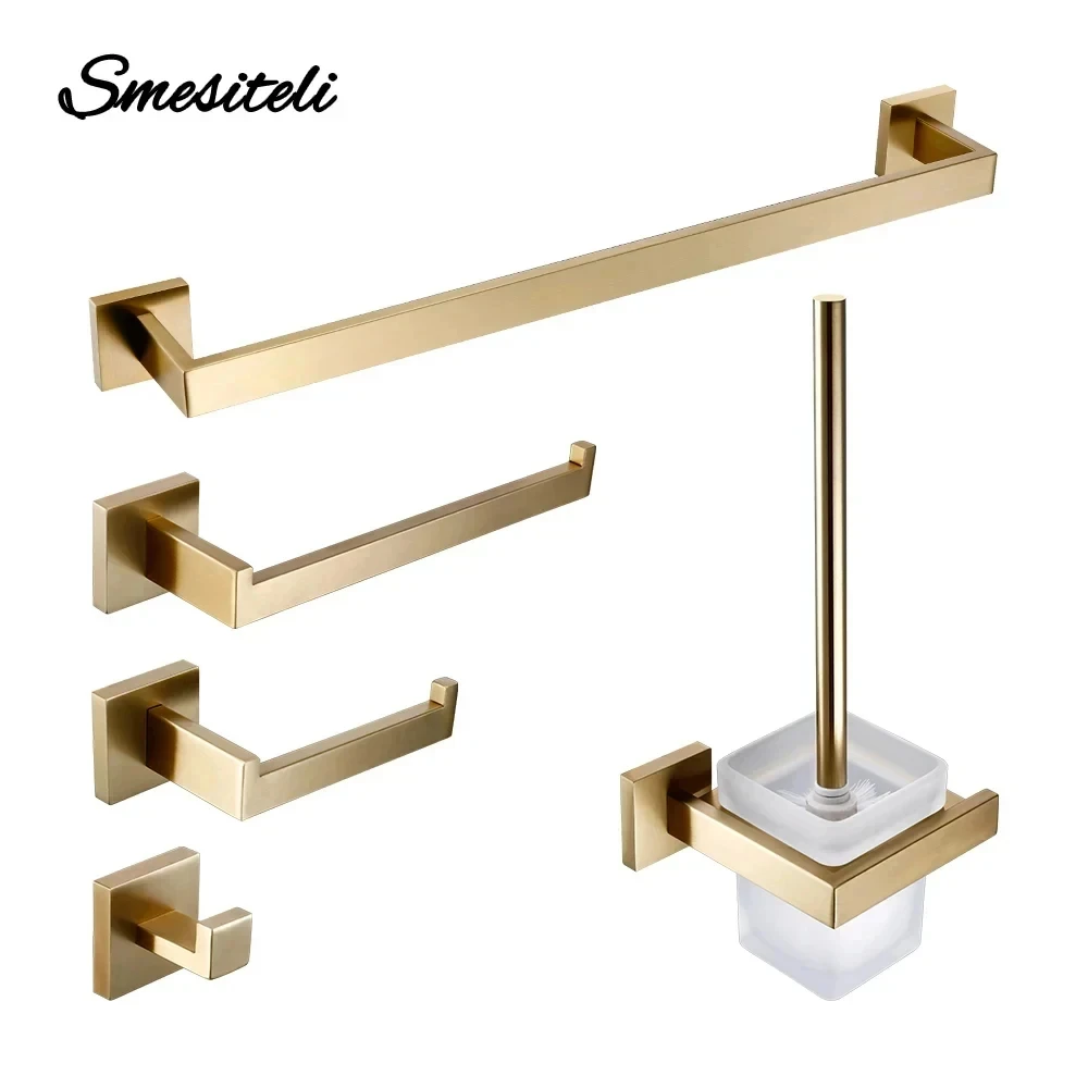 Brushed Gold Bathroom Hardware Set Wall Mount Toilet Paper Roll Holder Towel Rack Robe Hanger Stainless Steel Accessories Kit