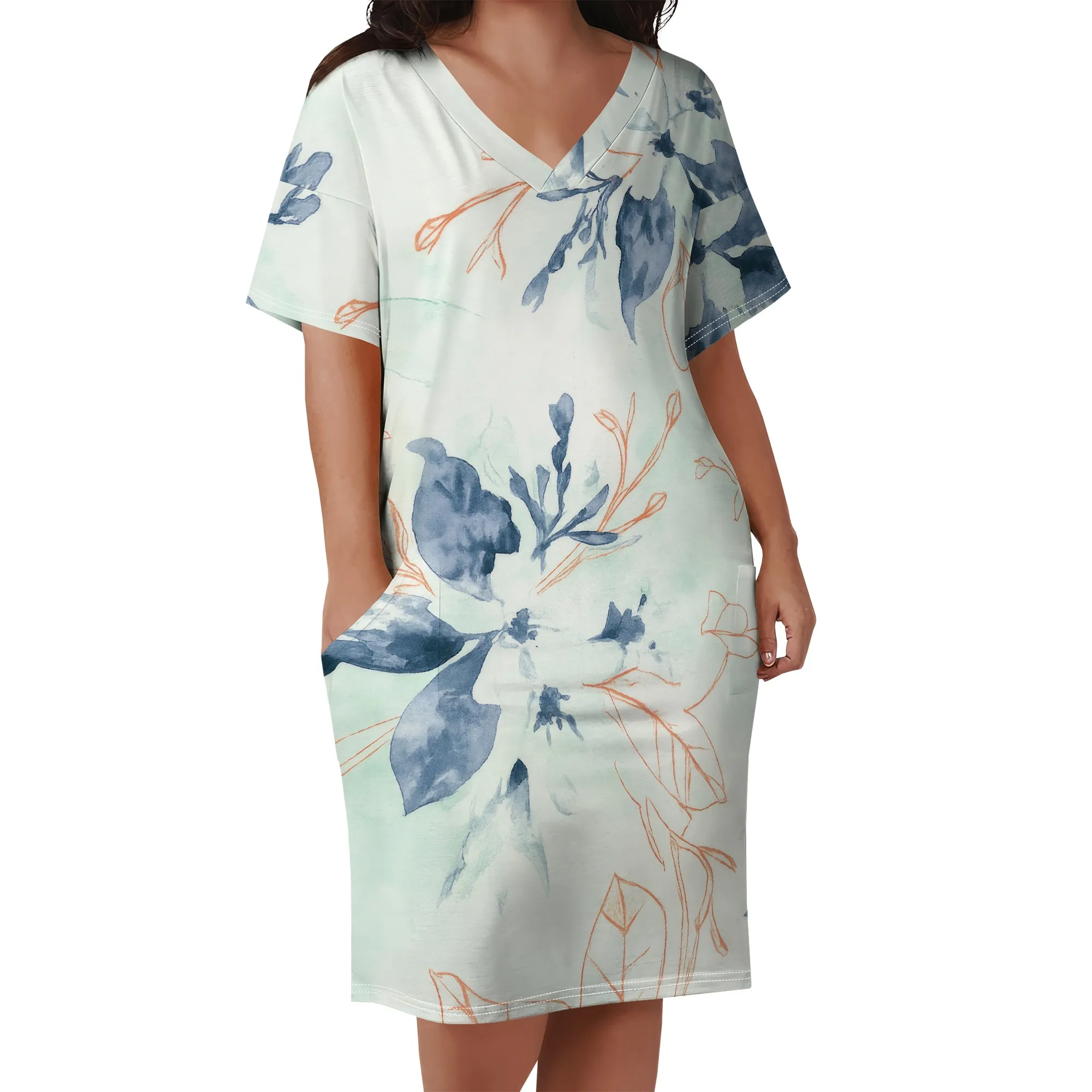 Plus Size Dresses for Curvy Women Oversize T Shirt Midi Dress Loose Short Sleeve V Neck Dress