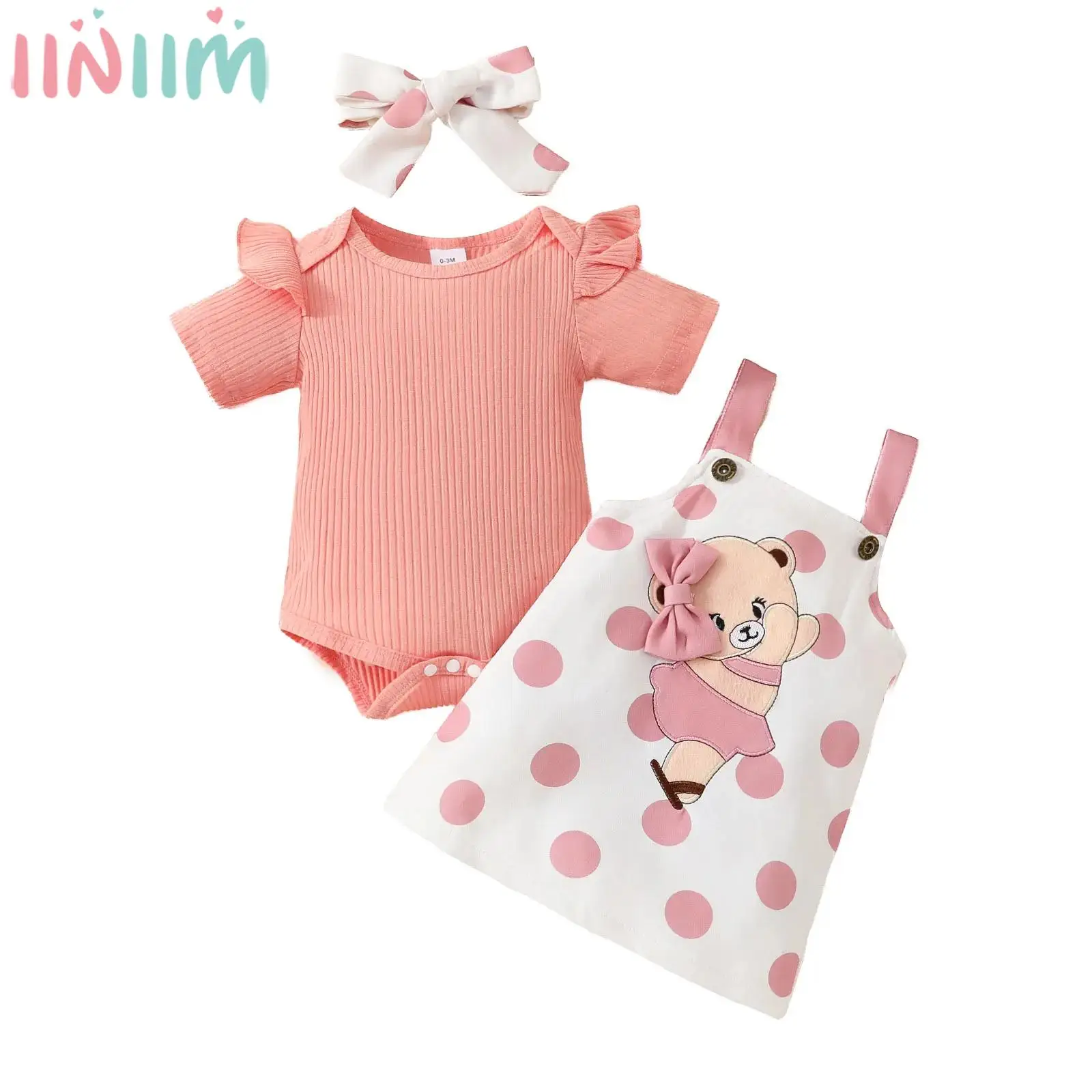 

Newborn Baby Girls Cute Little Bear Outfit Short Sleeve Rib Rompers with Suspender Dress Headband for Birthday Party Daily Wear