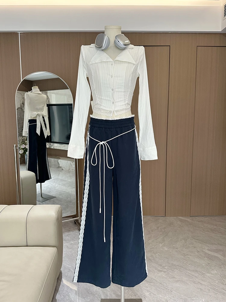 LUZHEN 2024 New Niche Design Bow Strap Ins Long Sleeve Shirts Women Elegant Fashion Color Contrast Stripe Straight Pants AA1409