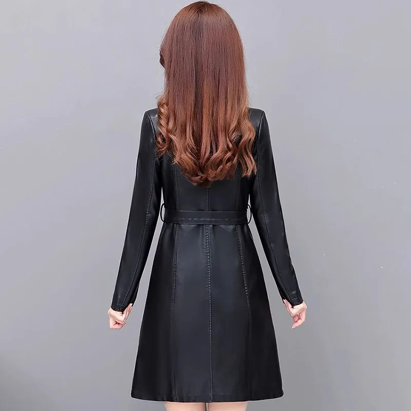 2024 Autumn Winter New Chic Leather Trenchcoat Jacket Women's Overcoat Mid-Length Slim Korean Slimming Sheepskin Coat Tops