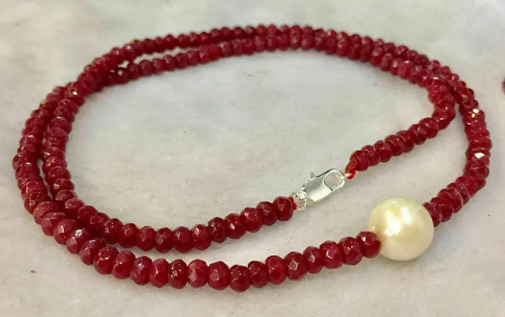2x4mm Faceted Roundel Red Ruby 9-10mm White Pearl Gems Beads Necklace 18