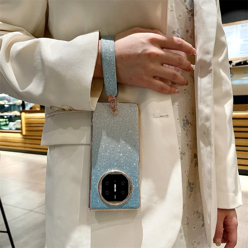 For Huawei Mate X5 X3 Case Fashion Electroplated Bling Glitter Shiny Wrist Strap Folding Shockproof Protective Hard Back Cover