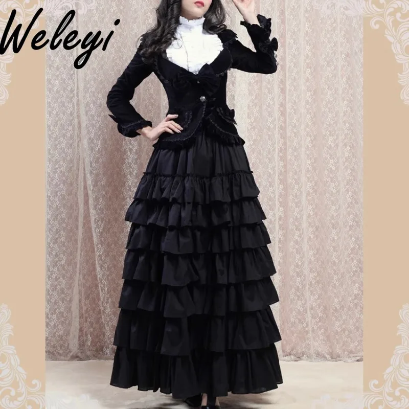 Lolita Sets Retro Velvet Ruffle Edge Suit Coat for Women 2024 Winter New Sweet Black Multi-layer Long Big Swing Skirts Female