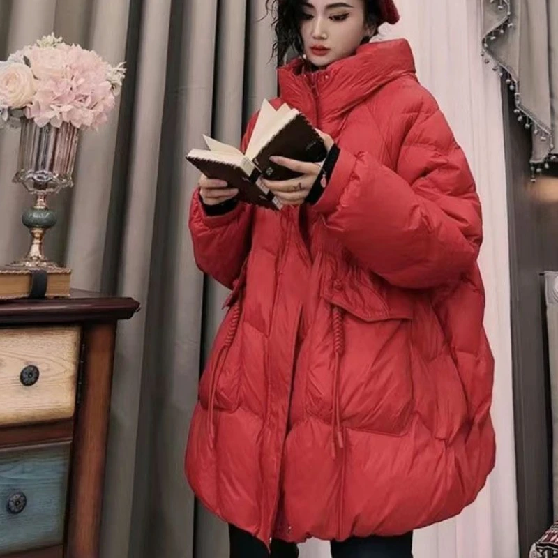 

New White Duck Down Medium Long Thermal Down Jacket Winter Simple Casual 2025 Versatile Hooded Fashion Loose Large Version Coat
