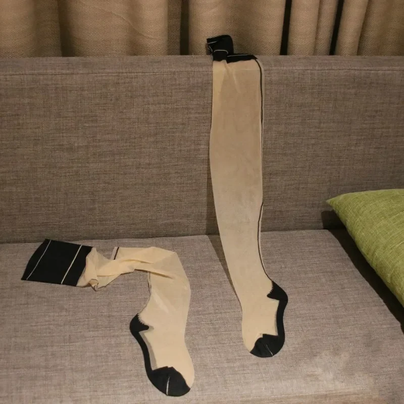 1Pair New Patchwork Stocking Sexy Women Retro Back Line Seam Hosiery Black with Beige Color Thigh High Over Knee Long Stockings