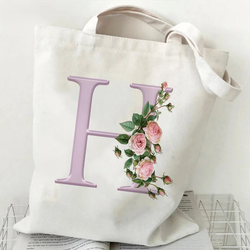 المرأة حقيبة قماشية الورود الأرجواني A-Z 26 إلكتروني طباعة الإناث قابلة لإعادة الاستخدام حقيبة تسوق حقائب الطلاب كتاب حقيبة كتف حقيبة يد