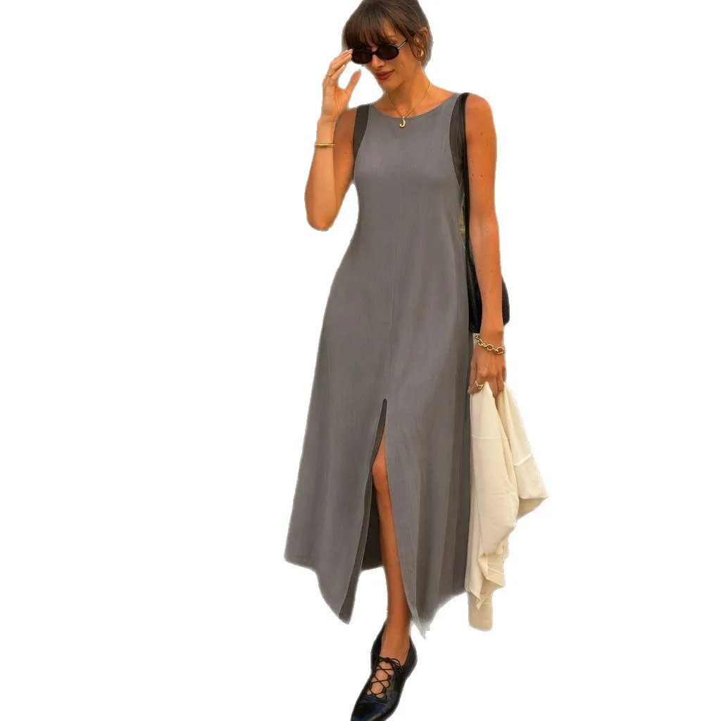 ZEKYE Summer New Women's Linen Contrasting Color Split Temperament Sleeveless Dress Cool and Breathable Casual Dress