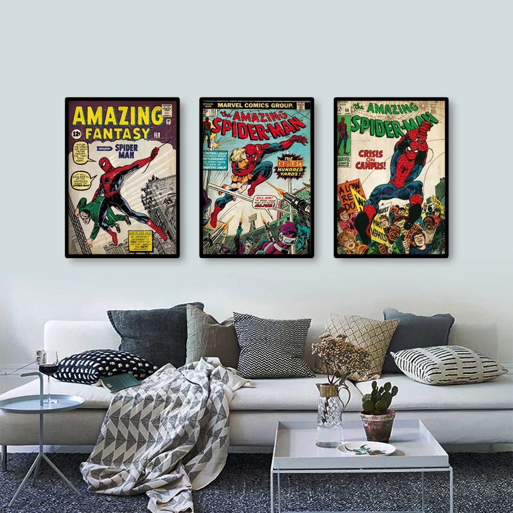 MINISO Marvel Superhero Spider-Man Vintage Art Posters Home Living Room Bedroom Wall Decoration Mural HD Print Canvas Painting