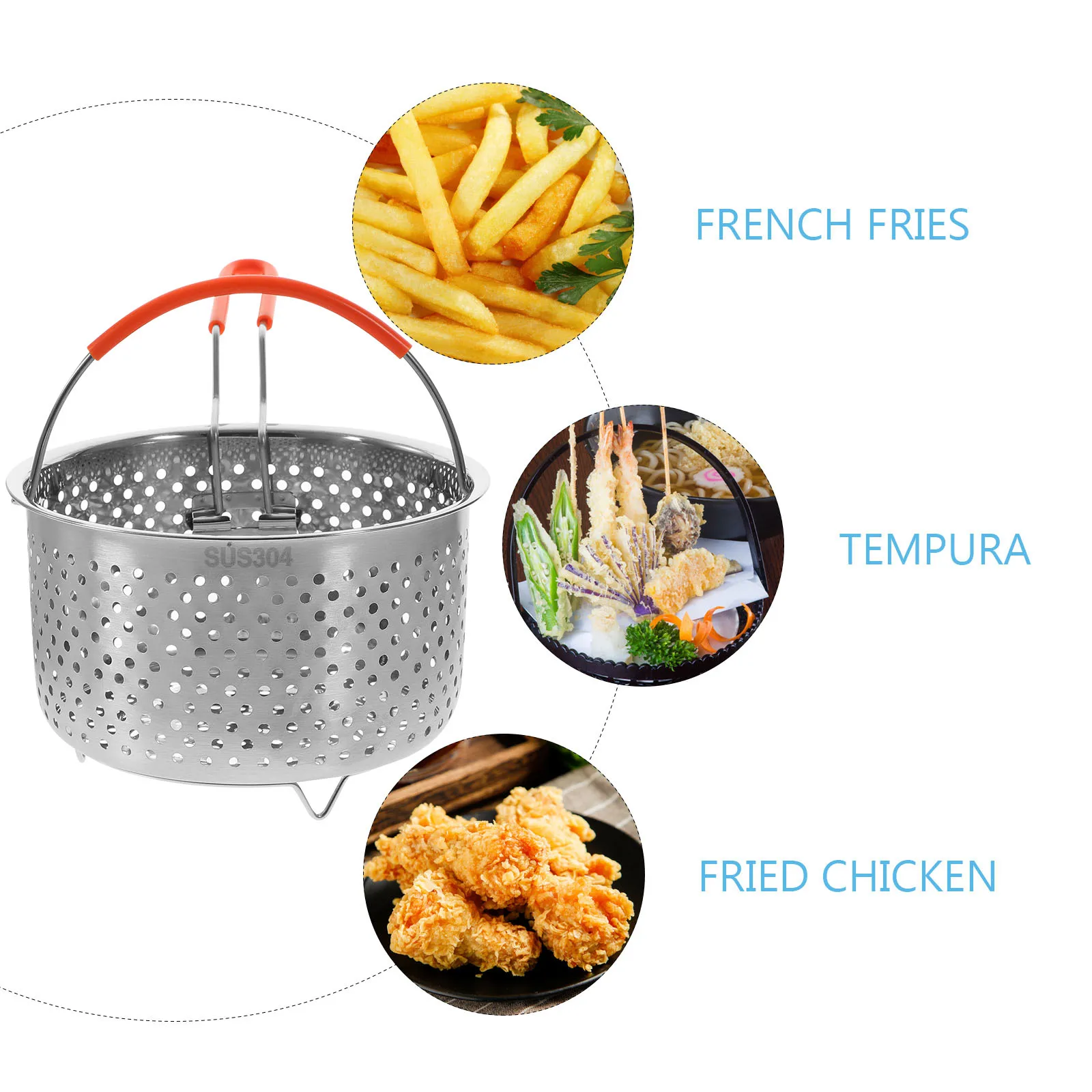 Cesta para freidora de acero inoxidable, cesta redonda para freír, mango ergonómico, drenaje de grasa, aceite, colador de verduras al vapor, barra de cocina