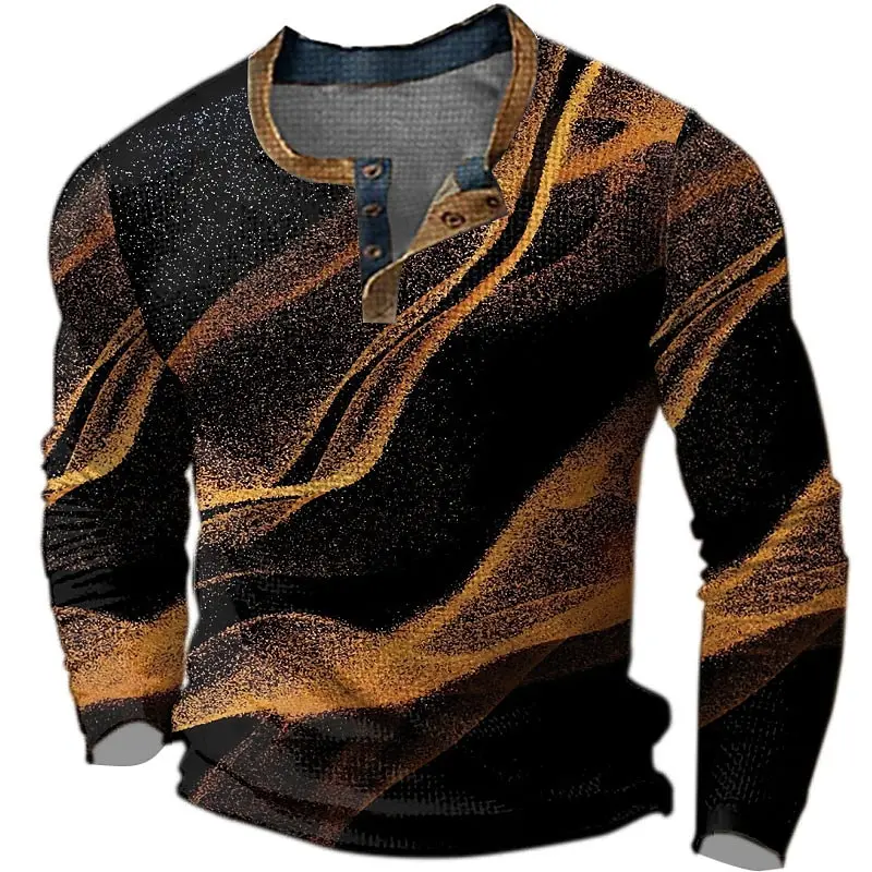 Color Block Henley Shirts Gradient 3D Print Streetwear Men\'s Fashion Button-Down Long Sleeve T Shirt Man Male Tees Tops Clothing
