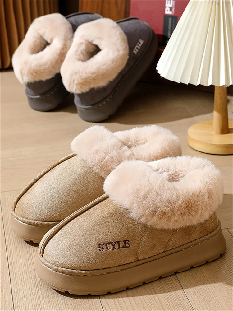 Msfilia Winter Large Size Thick Bottom Indoor Suede Slippers Casual Velvet Fur Cotton Shoes Women Anti Slip Slippers