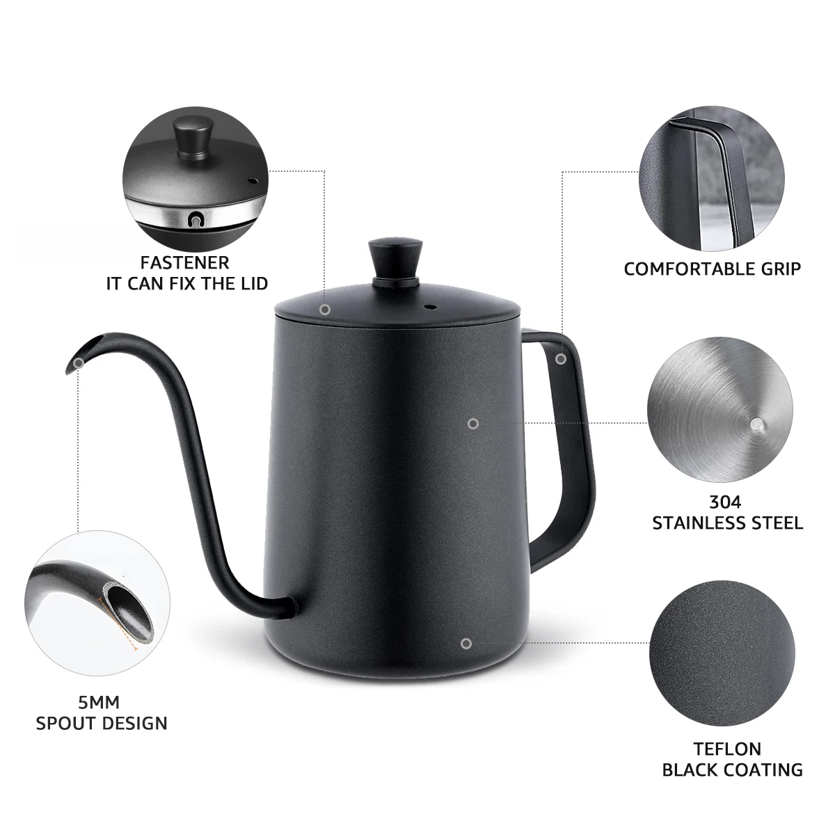 350ml 600ml Drip Kettle Coffee Tea Pot Non-stick Coating Food Grade Stainless Steel Gooseneck Drip Kettle Swan Neck Thin Mouth