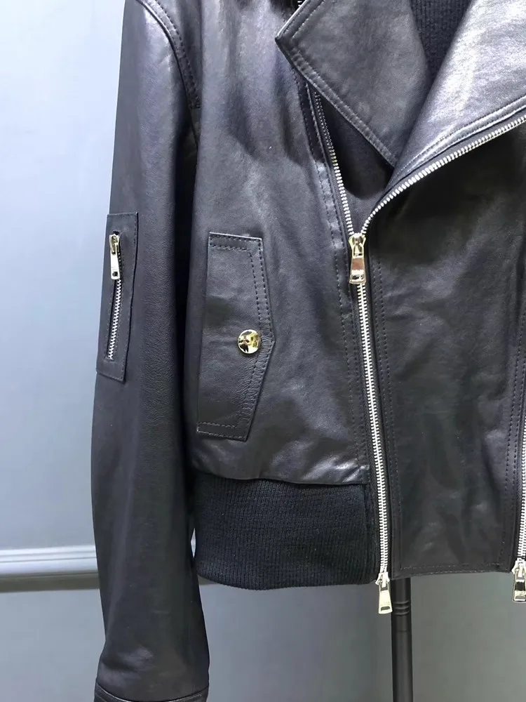 女性のファッションクラシックダブルジッパーターンダウン襟リアルシープスキンジャケット春秋ハイストリート本革アウター