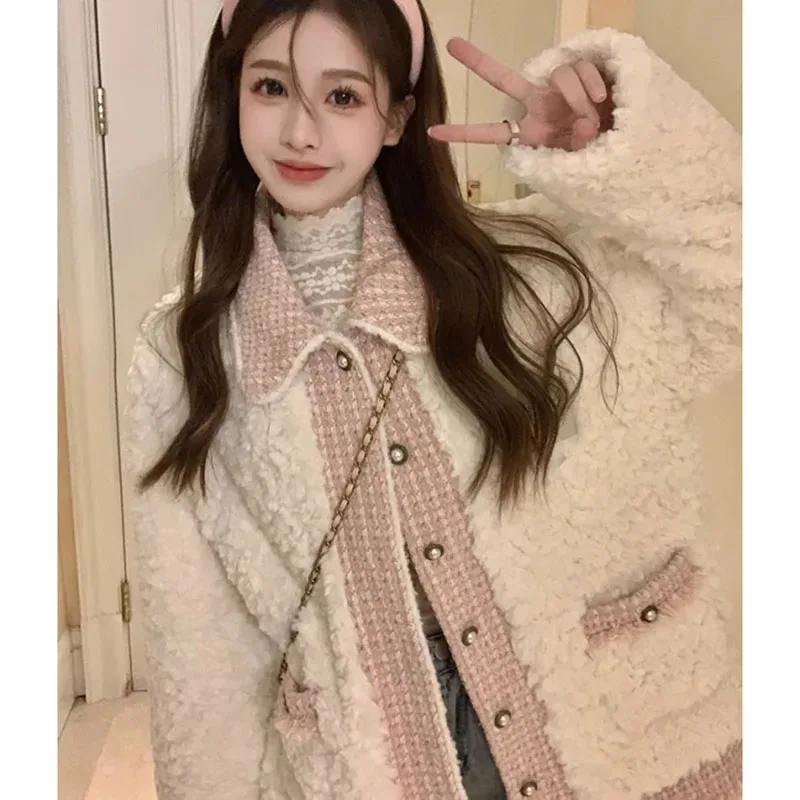 Lamb Wool Thickened Jacket Women Elegant Patchwork Autumn Winter Houndstooth Outwear Long Sleeve Button Pocket Sweet Coats