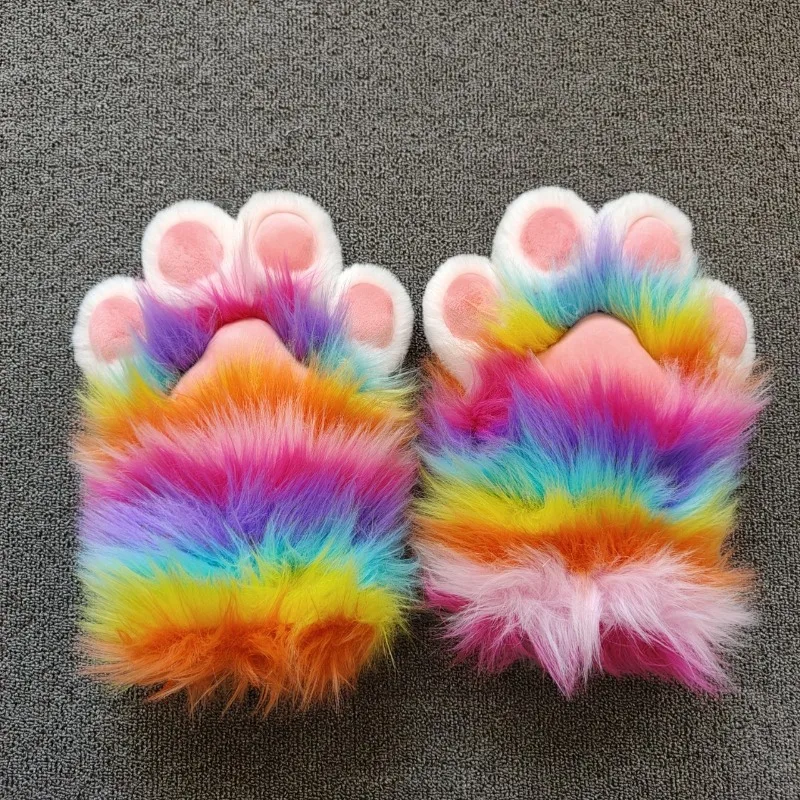 

Plush Furry Animal Claws Rainbow Fingerless Gloves Furry Paws Cosplay Costume Colorful Kig Tiger Claws for Halloween Party Props
