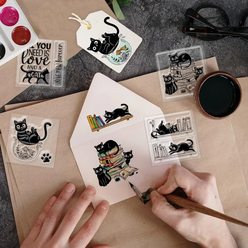 4Pcs Mini Cat and Book Clear Stamps for DIY Scrapbooking Mini Fish Tank Silicone Clear Stamp Seals Transparent Stamps for Cards