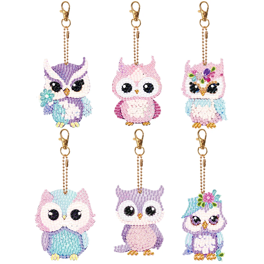 6 PCS Diamond Painting Keychain Owl Double Sided Diamond Painting Art Keychain Pendant for Birthday Crafting Home Party Decor