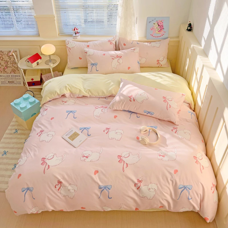 Cartoon Style Bedding Set Pink Colo Cute Cat Printed Bed Sheet Sets Washed Cotton Bed Set Single/Queen King Size Bedding Sets